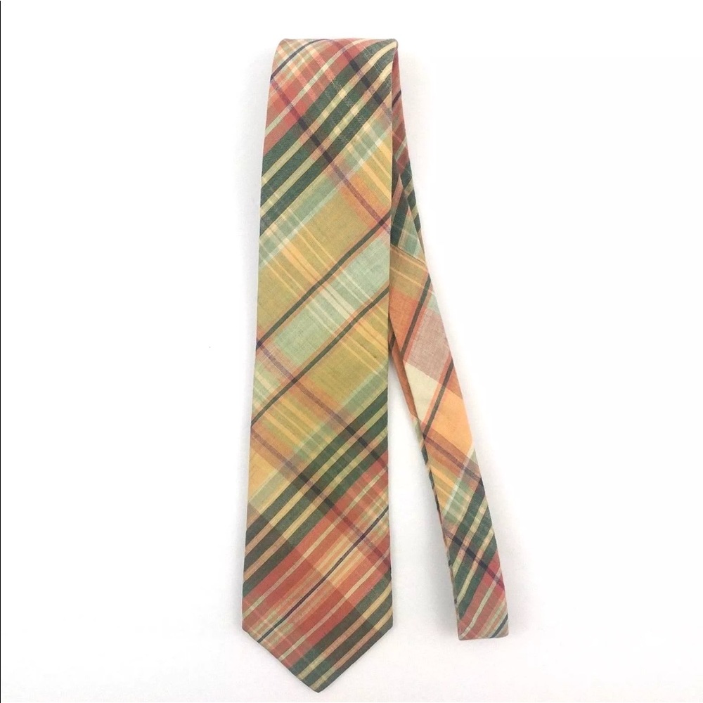 Lands End Tie Plaid Coral Green 100% Cotton
